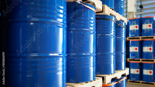 Fototapeta Naklejka Na Ścianę i Meble -  chemical barrels in warehouse, organized storage tanks, industrial containers ready, safe chemical handling, shipment preparation scene