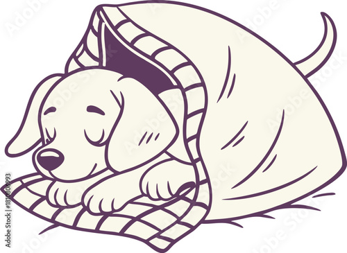 Cozy Sleeping Puppy in Blanket Doodle Vector
