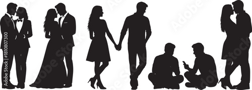 Black silhouette vector illustration showcasing diverse couples embracing and holding hands in various formal and casual poses, contrasted with figures sitting and using smartphones, symbolizing 