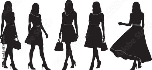 Collection of five fashionable female silhouettes standing, posing, and walking in stylish dresses and high heels, each holding a handbag, illustrating modern woman fashion, elegance, shopping, and 