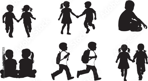 Silhouettes of Young Children and Students in Various Poses: Running, Sitting, and Walking with Backpacks, Symbolizing Childhood, Education, Friendship, Back to School, and Playtime Activities.