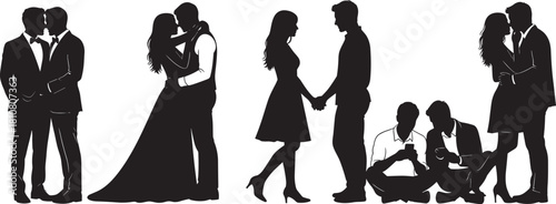 Diverse Set of Vector Silhouettes of Adult Couples and People: Including Wedding Scenes, Same-Sex Couple, Romantic Embrace, and Friends Using Smartphones, Symbolizing Relationships and Social Life.