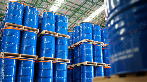 chemical barrels in warehouse, organized storage tanks, industrial containers ready, safe chemical handling, shipment preparation scene