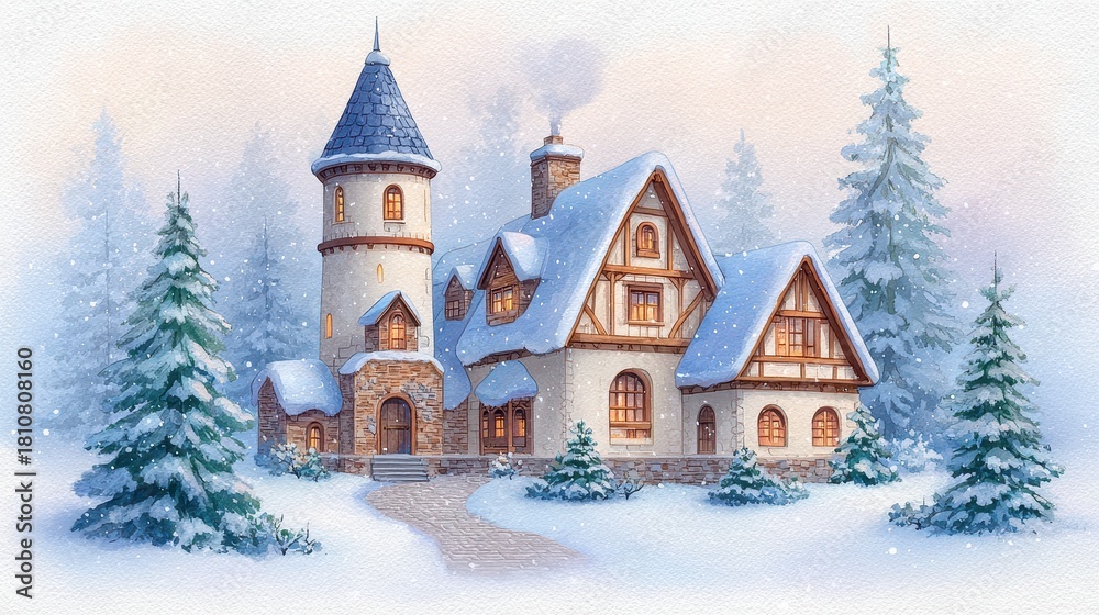 custom made wallpaper toronto digitalCozy Snow Covered Cottage With Tall Tower Surrounded By Pine Trees In Winter Landscape