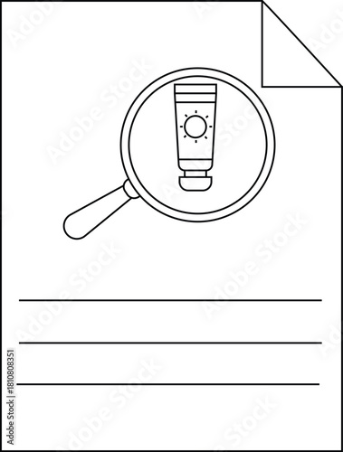 Sunscreen tube under magnifying glass on paper with lines