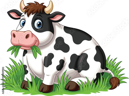 Cartoon cow, sitting on grass, chewing leaves, black white spots, blue eyes, farm animal, cute vector, children illustration