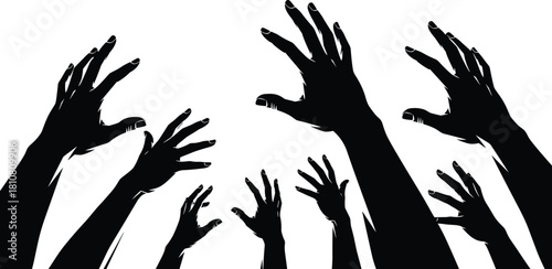 Human hands silhouette, reaching up, black vector, unity concept, protest art, dramatic contrast, expressive gesture, stock illustration, white background, graphic design