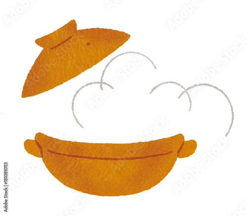 蓋の開いた茶色い土鍋のイラスト（湯気・鍋料理・和食）