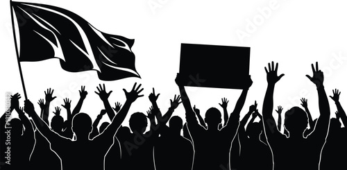 Protest crowd silhouette, activism illustration, raised hands, civic demonstration, unity in action, flag waving, public assembly, social movement, black and white art