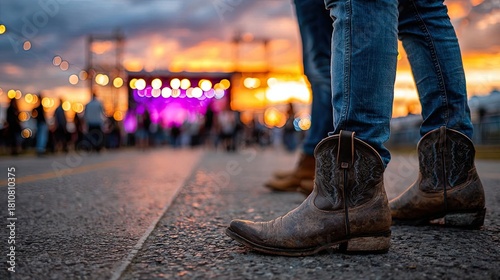Live country music festival with cowboys in boots concept. Cowboy boots in focus with a vibrant sunset and crowd behind.