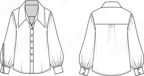 Women's blouse, technical sketch, front view, back view, fashion flat, garment design, sleeve detail, collar, cuff, cad drawing flat vector