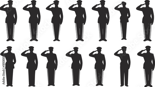 Military soldier silhouettes saluting, army personnel standing at attention, disciplined service member icons, armed forces illustration set for patriotic designs