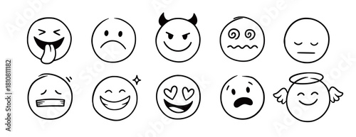 Face emoji icon set. Hand drawn doodle sketch style happy, angry, sad mood face emoticon background. Funny cartoon characters smile, wink, kiss emoji. Cute line emotion element. Vector illustration
