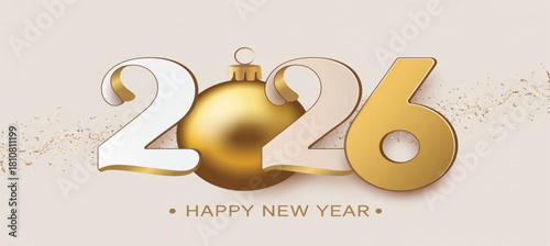 New Year 2026 vector greeting card with golden ornament and elegant typography on a light background