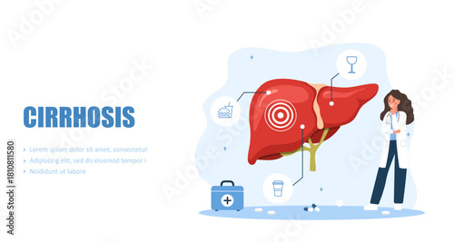 Cirrhosis concept. Physician reviewing liver function tests for cirrhosis, hepatitis, or malignant tumor detection. Vector illustration in flat cartoon style.