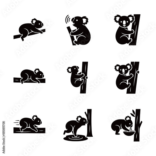 Koala Bear Black Icons Set Climbing Trees and Interacting with the Environment