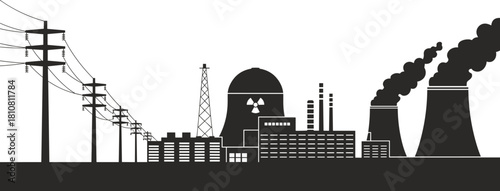 Nuclear power plant silhouette, industrial energy facility, cooling towers, radiation dome, power lines illustration, electricity production and infrastructure scene