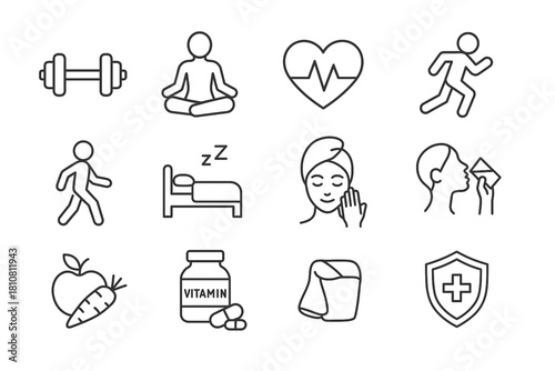 Healthy lifestyle and wellness icons including fitness, nutrition, mindfulness and medical habits, yoga, meditation, skincare, immune, supplement, walking, running, vector illustration set