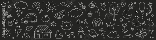 Kids outline hand drawn cute school on chalkboard. Crayon pencil stroke school doodle flower, sun, rainbow children elements. Kid style cute baby star, tree, heart shapes. Vector illustration