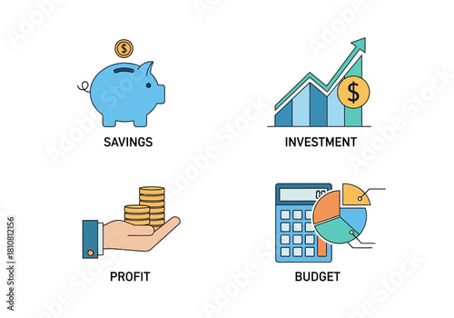 Illustrative vector icons outlining fundamental financial management strategies, covering personal savings, smart investments, business profit generation, and effective budget planning
