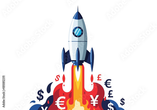 A cartoon rocket launching into the sky with fire and smoke, surrounded by currency signs like dollar, euro, and yen, representing a successful business or economic boom