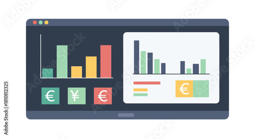 Digital Financial Analysis Platform Laptop Screen Displaying Diverse Charts, Graphs, and Currency Data for Business Intelligence and Market Tracking