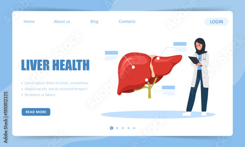 Liver health concept. Landing page template. Aran female Hepatologist planning treatment for hepatitis, cirrhosis or hepatic cancer in hospital. Vector illustration in flat cartoon style.