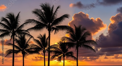 Fototapeta Naklejka Na Ścianę i Meble -  Silhouetted palm trees against a vibrant sunset sky evoking a sense of tropical paradise
