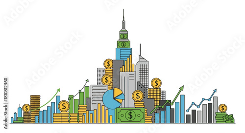 Abstract representation of financial growth and investment success with skyscrapers, charts, and currency symbols against a clear background