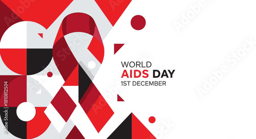 Modern graphic for World AIDS Day awareness campaign, featuring bold red ribbon and geometric shapes to promote compassion and support for global health initiatives