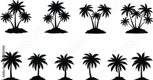 Palm tree silhouette illustration set, tropical design, black vector, beach icon, summer theme, nature artwork, exotic plant graphic