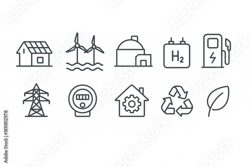 Renewable energy vector web icon set in modern line style, sustainable power system icons for web and mobile app, including solar, wind, hydrogen, EV charging and low emission energy illustration
