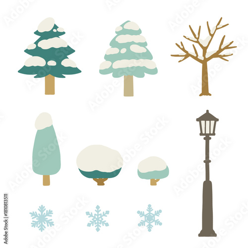 雪が積もった公園の木々と雪の結晶と街灯のフラットなイラスト（セット）