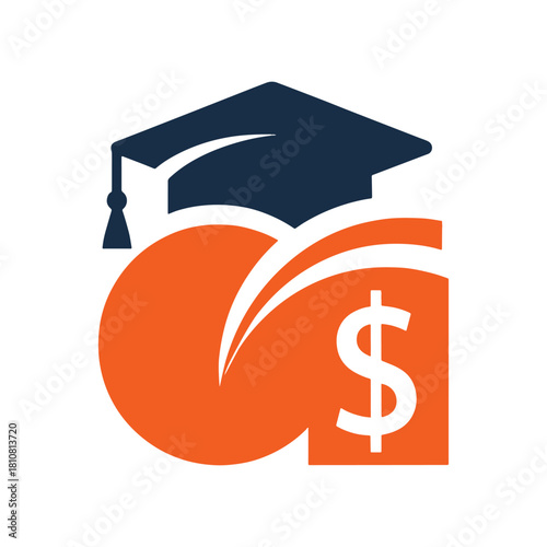 Graduation cap and dollar sign graphic with abstract orange and white swooshes mortarboard