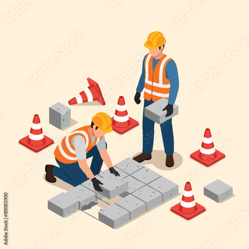 Two construction workers, wearing hard hats and safety vests, are diligently laying concrete pavers and blocks on a site, with traffic cones, in a modern isometric illustration.