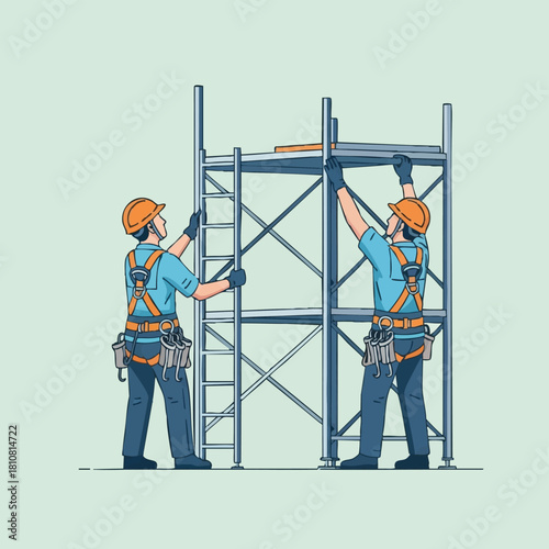 Two construction workers, wearing safety gear, meticulously assemble a robust metal scaffolding structure, symbolizing teamwork and building progress.