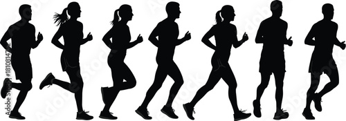 Runner silhouette illustration set, jogging motion, black vector, athletic pose, sports design, fitness artwork, human movement icon
