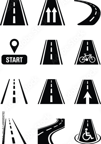 Road and highway icon set, street symbols, lane markings, curved roads, start point sign, bicycle lane, accessible route illustration collection