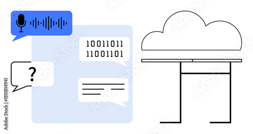 Voice input, binary code, text bubbles, and a cloud server outline explaining digitized information flow. Ideal for AI, cloud services, data storage, communication, coding speech tech simple flat