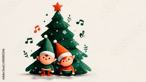 Christmas concert, music festival party, elf playing by the Christmas tree, notes and snowflakes flying