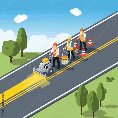 An efficient crew, wearing high-visibility safety vests, meticulously paints bright double yellow lines on a smooth asphalt surface, improving road infrastructure.