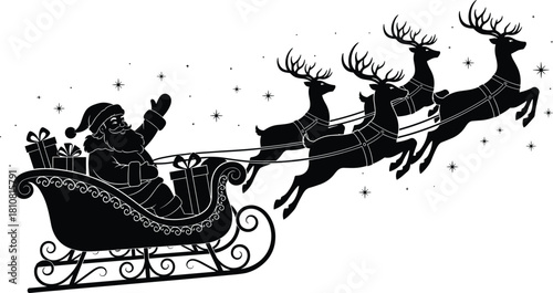 Santa Claus sleigh silhouette with flying reindeer, Christmas holiday vector illustration, festive winter scene for decoration, celebration, and seasonal design