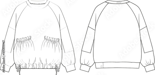 Women's raglan sweatshirt, ruffle pockets, drawstring hem, crew neck, front back view, cad drawing flat vector illustration.