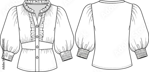 Women's ruffle collar blouse, button down, puff sleeves, wide waist, smocked cuffs, front back view, cad drawing flat vector illustration.