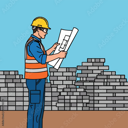 An attentive construction professional, clad in safety gear, meticulously examines building plans amidst piles of bricks at a developing site.