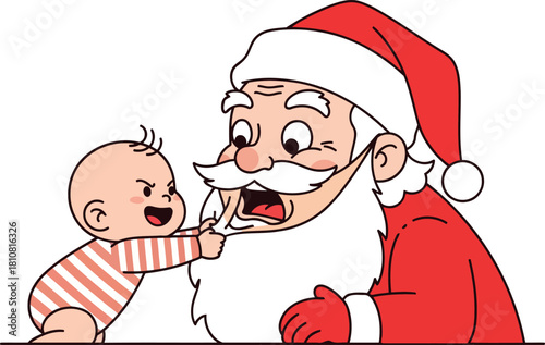 A baby pulling santa claus's beard with a surprised expression on face flat vector element suitable for commercial design