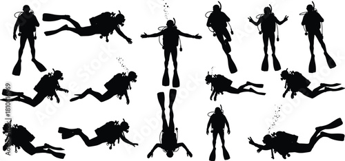 Scuba diver silhouette illustration set, underwater movement, black vector, diving gear, marine activity, ocean theme, aquatic artwork