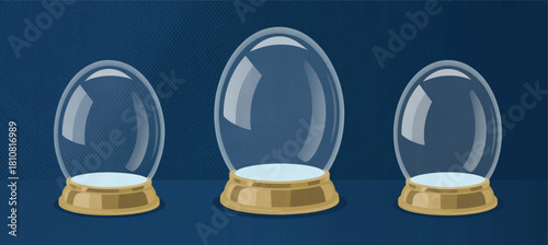 Three empty glass globes vector illustration with transparent domes and golden bases on a dark blue background