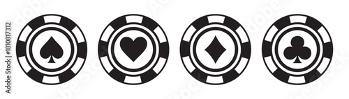Poker chips color icons vector set. Playing poker concept. Isolated Casino poker chip logo. Poker symbols.