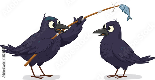 Cartoon crows sharing fish, animal communication, funny bird behavior, playful wildlife scene, educational illustration, nature humor, expressive birds, outdoor interaction